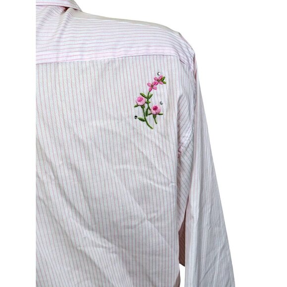 Las Olas Womens Button Up Shirt Size Med Long Sleeve Pink Striped Embroidered - Picture 5 of 11